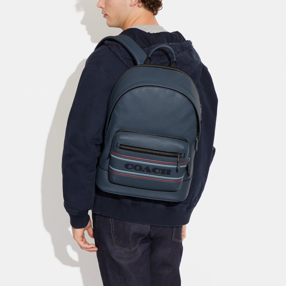 Coach CG995 West Backpack With Coach Stripe Pebble Leather  Denim Multi $598